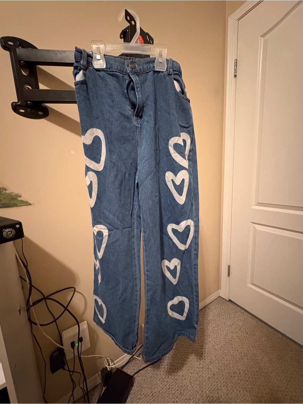 Blue Heart-Print Wide Leg Jeans